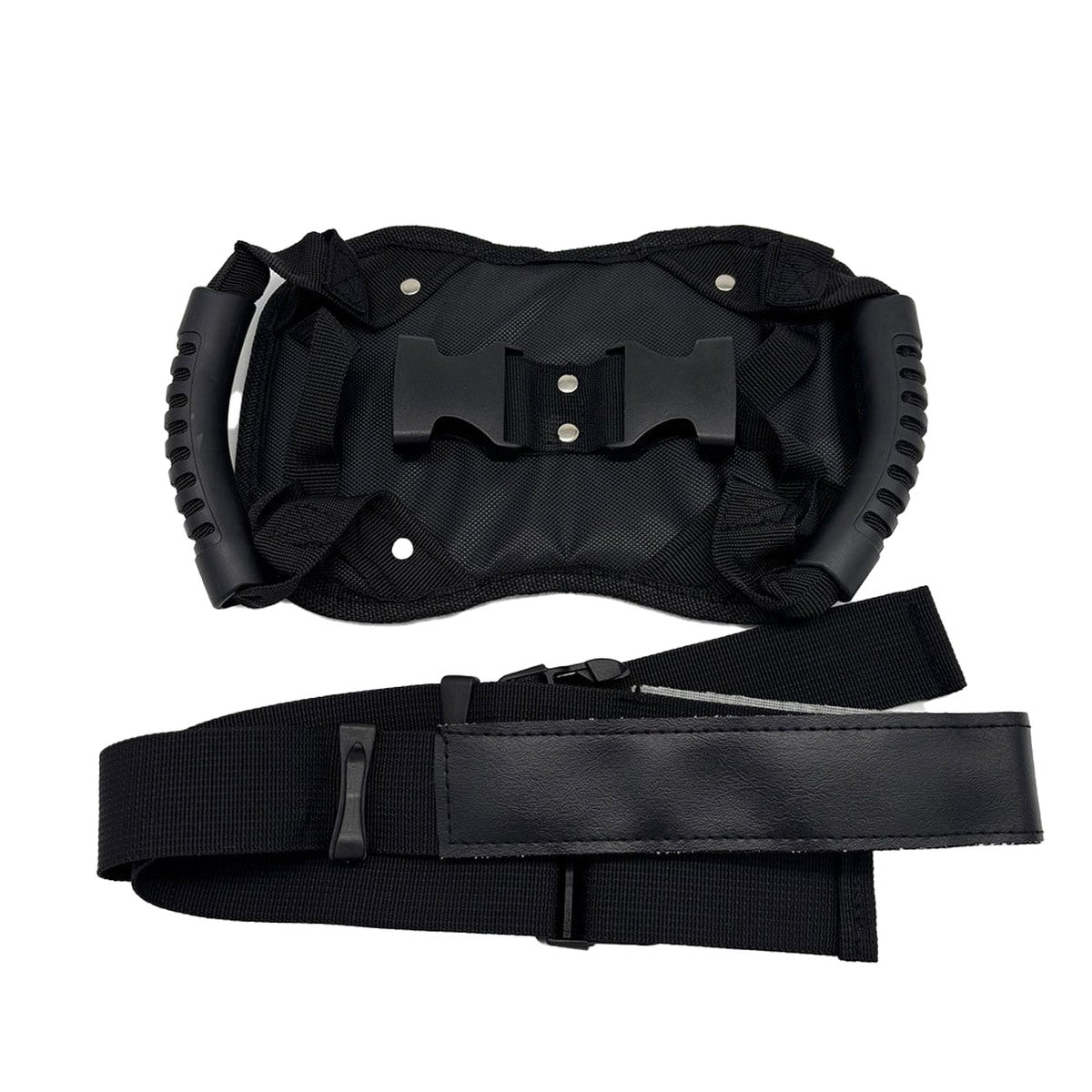 Passenger belt laid flat with its adjustable strap